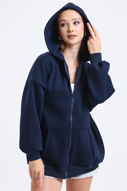 Kapüşonlu İçi Polarlı Oversize Fermuarlı Sweatshirt - Lacivert
