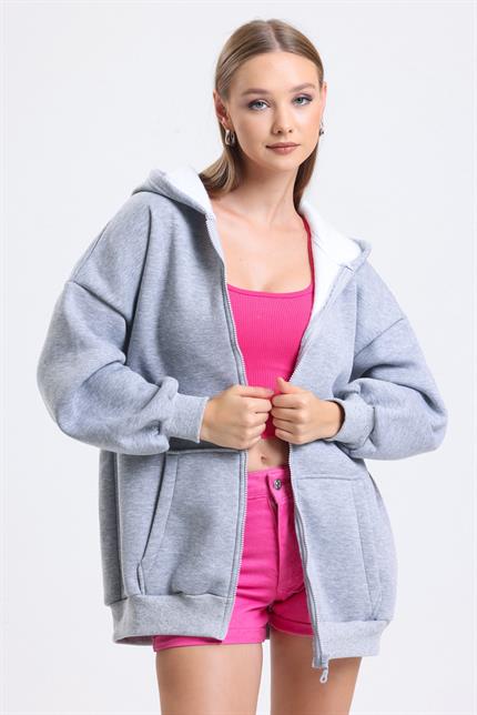 Kapüşonlu İçi Polarlı Oversize Fermuarlı Sweatshirt - Gri