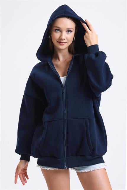 Kapüşonlu İçi Polarlı Oversize Fermuarlı Sweatshirt - Lacivert