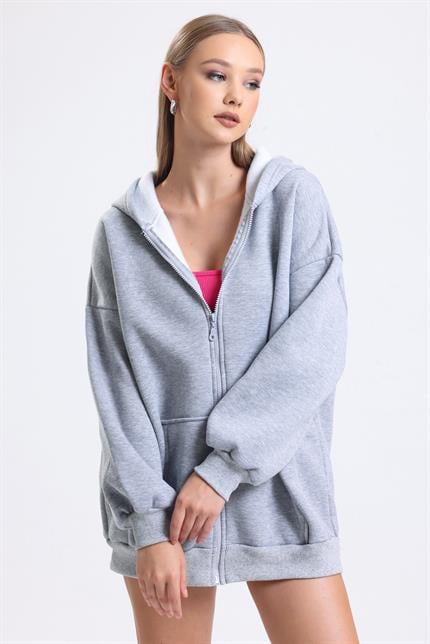 Kapüşonlu İçi Polarlı Oversize Fermuarlı Sweatshirt - Gri