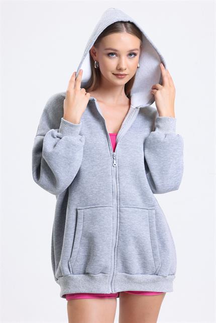 Kapüşonlu İçi Polarlı Oversize Fermuarlı Sweatshirt - Gri