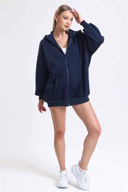 Kapüşonlu İçi Polarlı Oversize Fermuarlı Sweatshirt - Lacivert