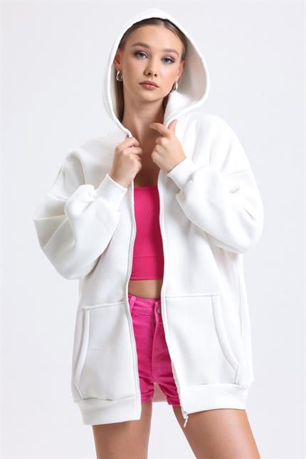 Kapüşonlu İçi Polarlı Oversize Fermuarlı Sweatshirt - Ekru