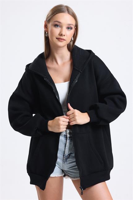 Kapüşonlu İçi Polarlı Oversize Fermuarlı Sweatshirt - Siyah