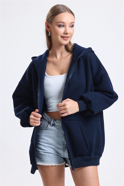 Kapüşonlu İçi Polarlı Oversize Fermuarlı Sweatshirt - Lacivert
