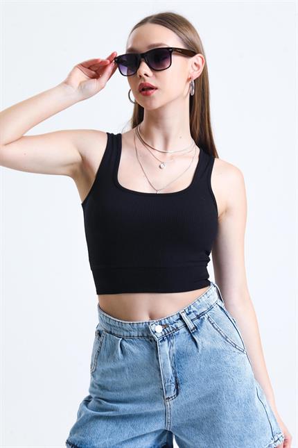 Kare Yaka Askılı Fitilli Crop Bluz - Siyah