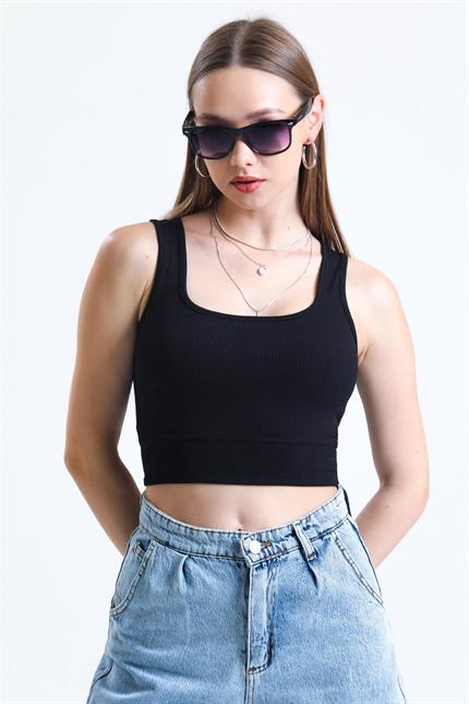 Kare Yaka Askılı Fitilli Crop Bluz - Siyah
