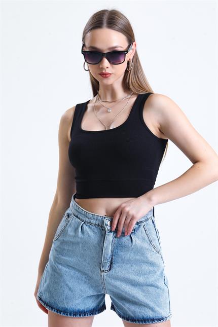 Kare Yaka Askılı Fitilli Crop Bluz - Siyah
