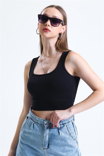 Kare Yaka Askılı Fitilli Crop Bluz - Siyah