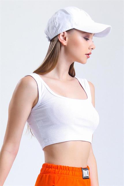 Kare Yaka Basic Fitilli Süper Crop Atlet - Beyaz
