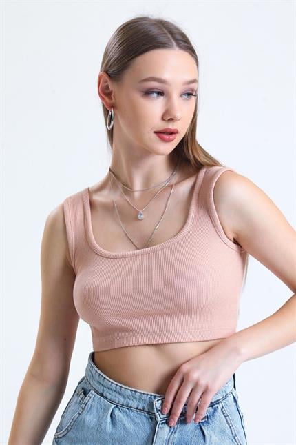 Kare Yaka Basic Fitilli Süper Crop Atlet - Pudra