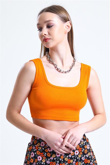 Kare Yaka Basic Fitilli Süper Crop Atlet - Turuncu