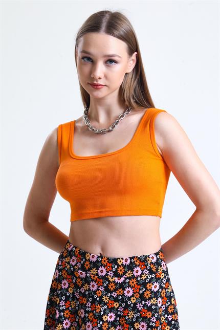 Kare Yaka Basic Fitilli Süper Crop Atlet - Turuncu