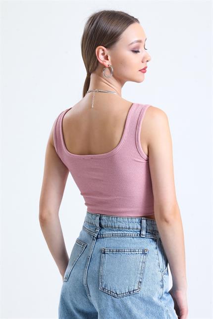 Kare Yaka Basic Fitilli Süper Crop Atlet - Gül Kurusu