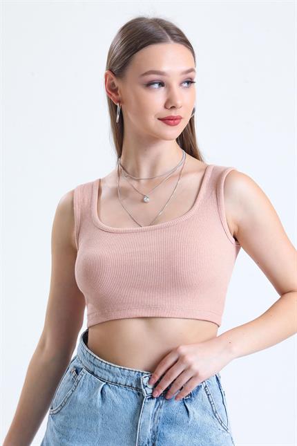 Kare Yaka Basic Fitilli Süper Crop Atlet - Pudra