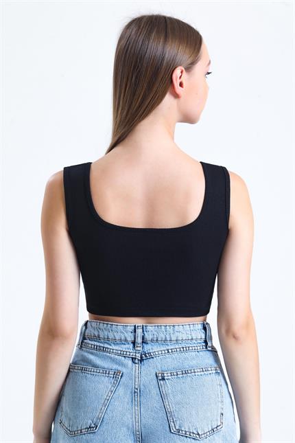 Kare Yaka Basic Fitilli Süper Crop Atlet - Siyah