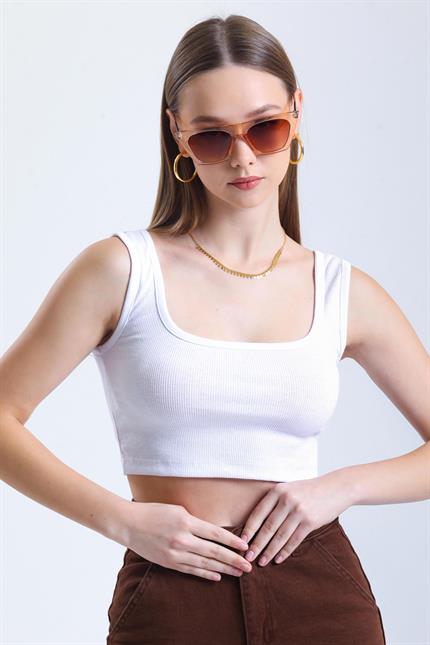 Kare Yaka Basic Fitilli Süper Crop Atlet - Beyaz
