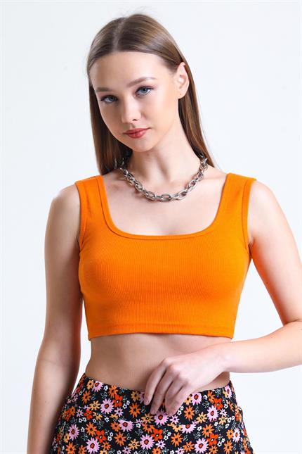 Kare Yaka Basic Fitilli Süper Crop Atlet - Turuncu