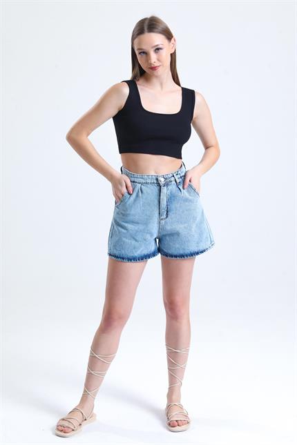 Kare Yaka Basic Fitilli Süper Crop Atlet - Siyah