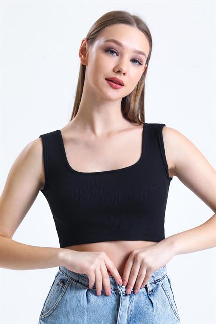 Kare Yaka Basic Fitilli Süper Crop Atlet - Siyah