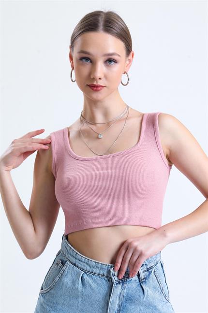 Kare Yaka Basic Fitilli Süper Crop Atlet - Gül Kurusu
