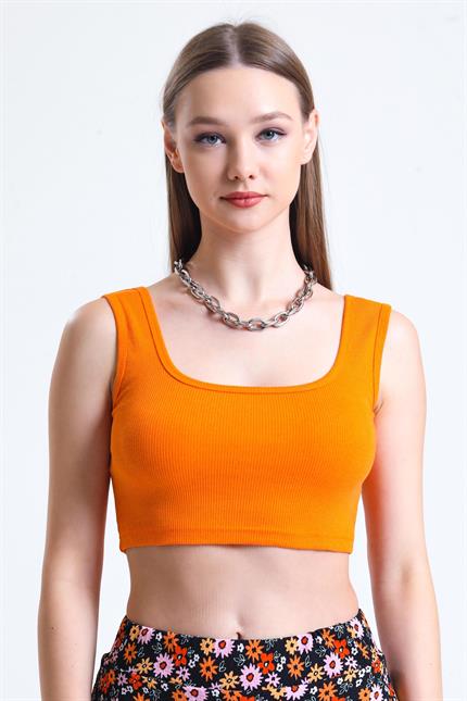 Kare Yaka Basic Fitilli Süper Crop Atlet - Turuncu