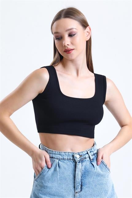 Kare Yaka Basic Fitilli Süper Crop Atlet - Siyah