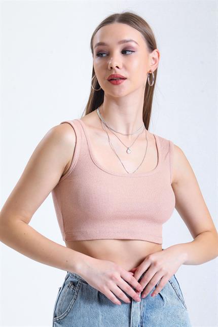 Kare Yaka Basic Fitilli Süper Crop Atlet - Pudra