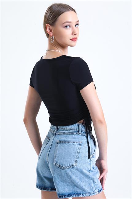 Kare Yaka Kısa Kollu Yanı Büzgülü Sandy Bluz - Siyah