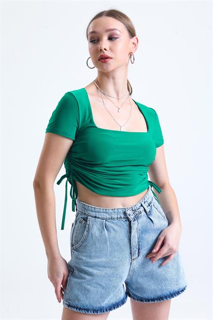 Kare Yaka Kısa Kollu Yanı Büzgülü Sandy Bluz - Yeşil