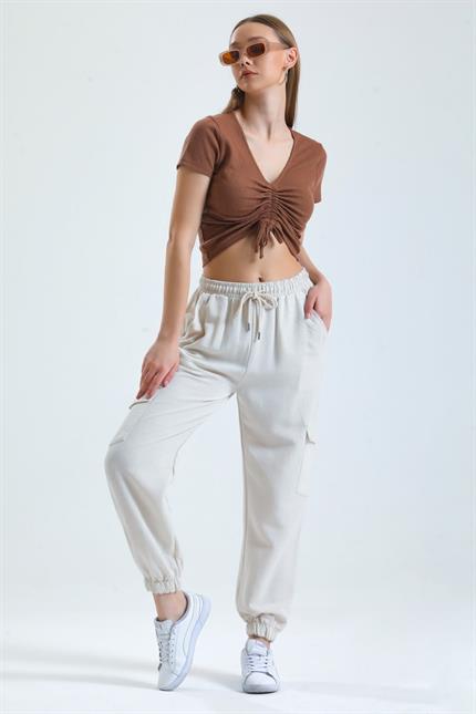 Kargo Cepli Bel Lastikli Bağcıklı Jogger Keten Pantolon - Taş
