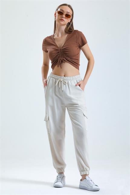 Kargo Cepli Bel Lastikli Bağcıklı Jogger Keten Pantolon - Taş