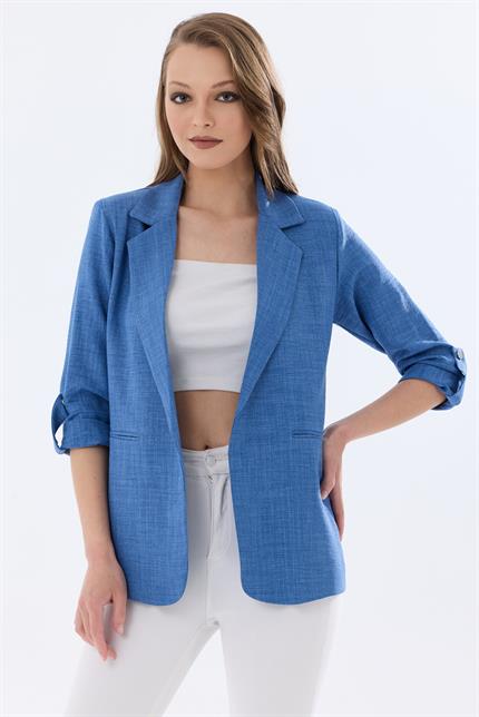 Kolu Katlanabilir Astarlı Blazer Keten Aerobin Ceket - İndigo