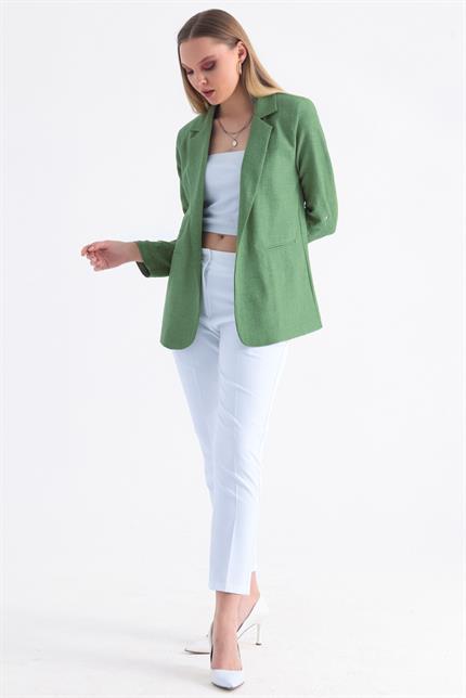 Kolu Katlanabilir Astarlı Blazer Keten Aerobin Ceket - Yeşil