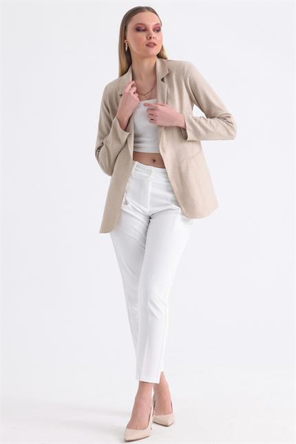 Kolu Katlanabilir Astarlı Blazer Keten Aerobin Ceket - Bej