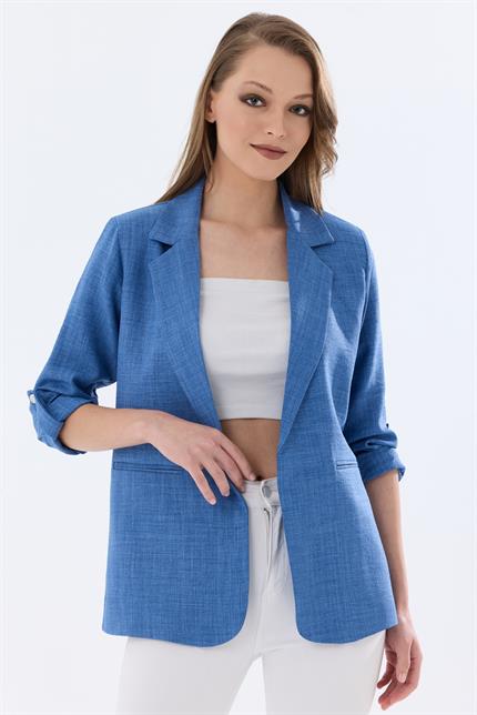 Kolu Katlanabilir Astarlı Blazer Keten Aerobin Ceket - İndigo