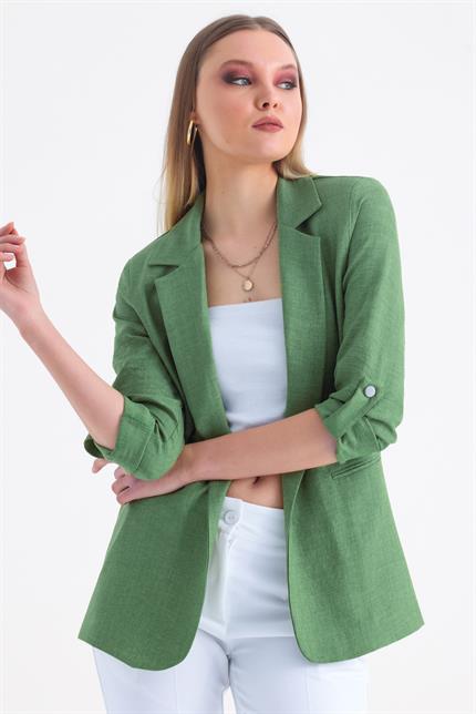 Kolu Katlanabilir Astarlı Blazer Keten Aerobin Ceket - Yeşil