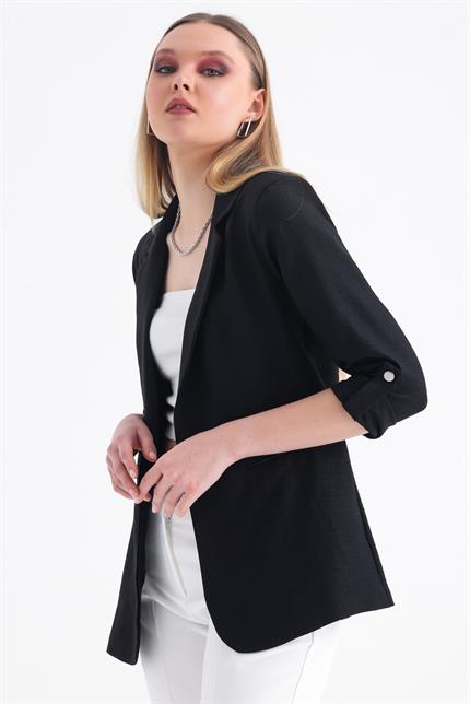 Kolu Katlanabilir Astarlı Blazer Keten Aerobin Ceket - Siyah