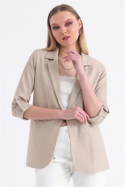 Kolu Katlanabilir Astarlı Blazer Keten Aerobin Ceket - Bej