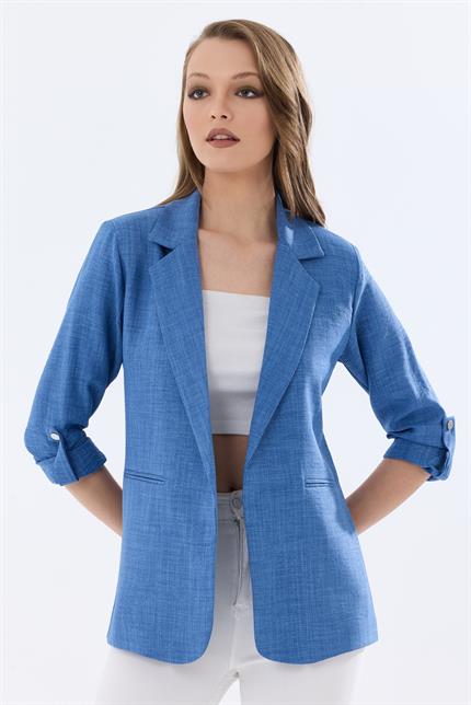 Kolu Katlanabilir Astarlı Blazer Keten Aerobin Ceket - İndigo