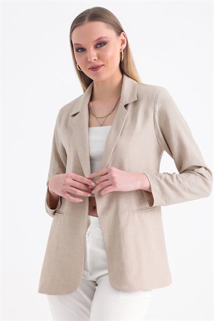 Kolu Katlanabilir Astarlı Blazer Keten Aerobin Ceket - Bej