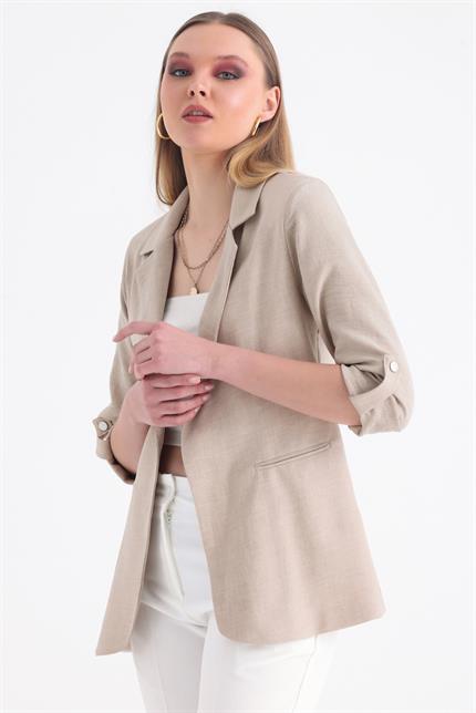 Kolu Katlanabilir Astarlı Blazer Keten Aerobin Ceket - Bej