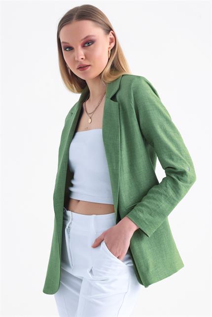 Kolu Katlanabilir Astarlı Blazer Keten Aerobin Ceket - Yeşil