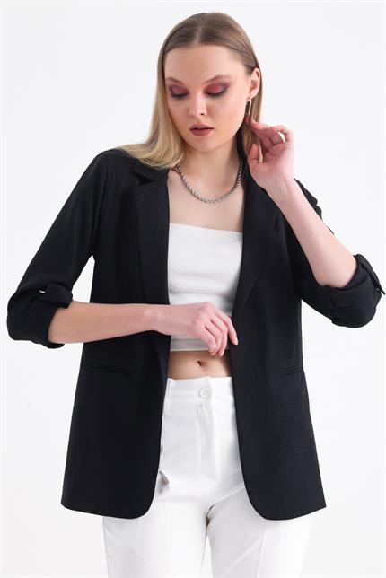 Kolu Katlanabilir Astarlı Blazer Keten Aerobin Ceket - Siyah