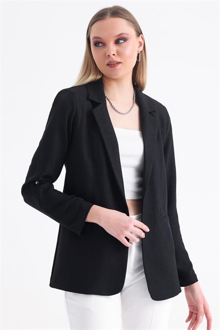 Kolu Katlanabilir Astarlı Blazer Keten Aerobin Ceket - Siyah