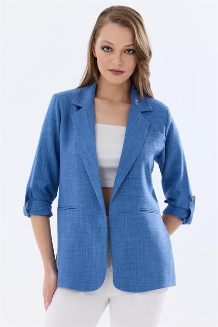 Kolu Katlanabilir Astarlı Blazer Keten Aerobin Ceket - İndigo