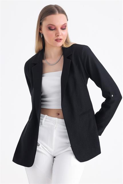 Kolu Katlanabilir Astarlı Blazer Keten Aerobin Ceket - Siyah