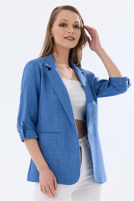 Kolu Katlanabilir Astarlı Blazer Keten Aerobin Ceket - İndigo