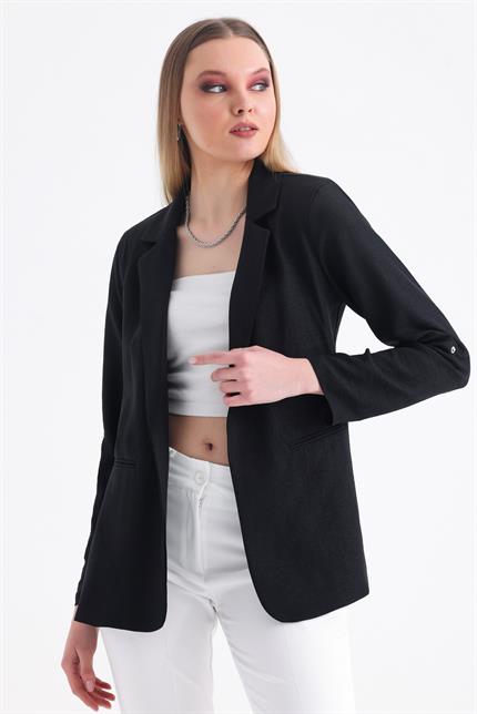Kolu Katlanabilir Astarlı Blazer Keten Aerobin Ceket - Siyah