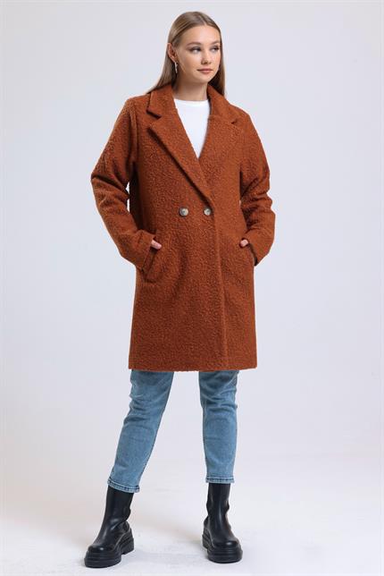 Kruvaze Yaka Çift Cepli Astarlı Oversize Buklet Kaban - Kiremit